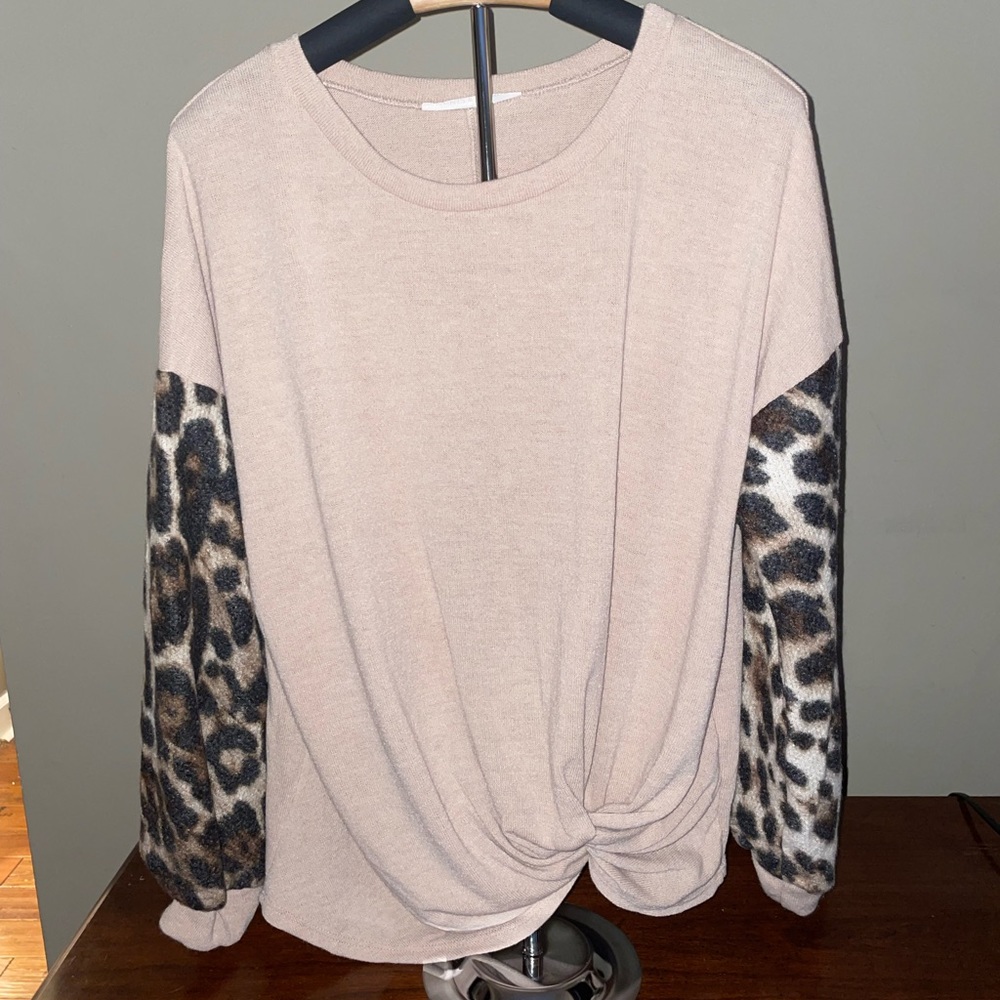 Taupe Top with Animal Print Sleeves. Size Small. NWOT. Never worn. Super Soft